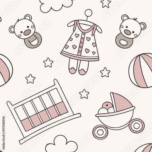 Seamless pattern design with toy icons for children can be used in children's living spaces such as bedding, clothes, wall patterns