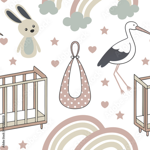 Seamless pattern design with toy icons for children can be used in children's living spaces such as bedding, clothes, wall patterns