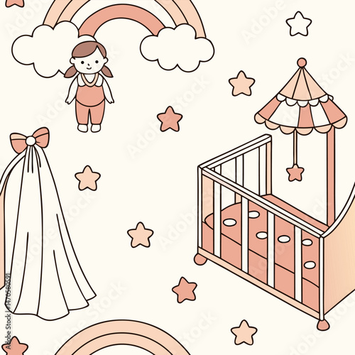 Seamless pattern design with toy icons for children can be used in children's living spaces such as bedding, clothes, wall patterns