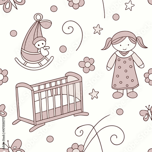 Seamless pattern design with toy icons for children can be used in children's living spaces such as bedding, clothes, wall patterns