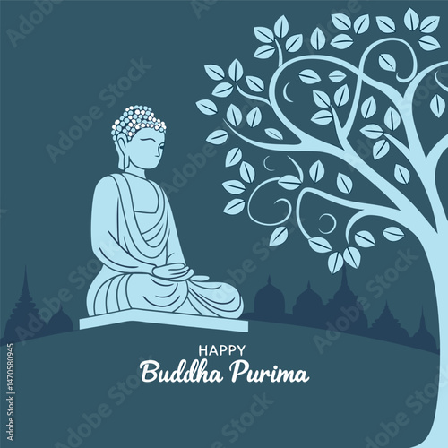 Happy Buddha Purima illustration with Buddha statue under Bodhi tree background.