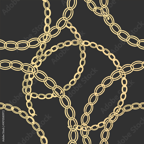 Fashion design made with gold colored chain jewelry seamless pattern on a black background	
