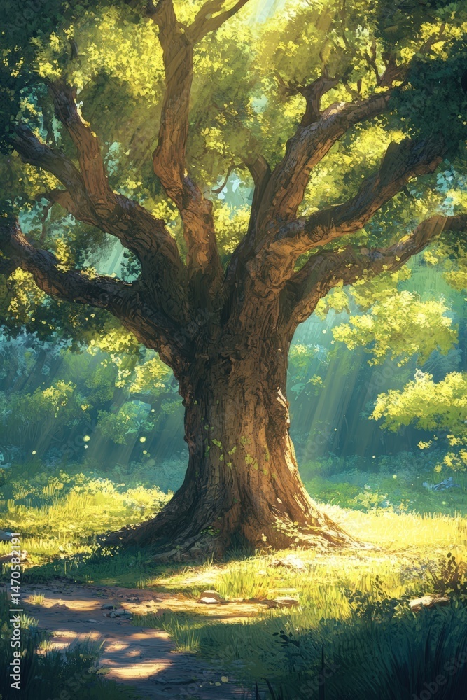 Fototapeta premium seasoned oak tree standing tall in a sun-dappled clearing, its branches outstretched in a comforting embrace