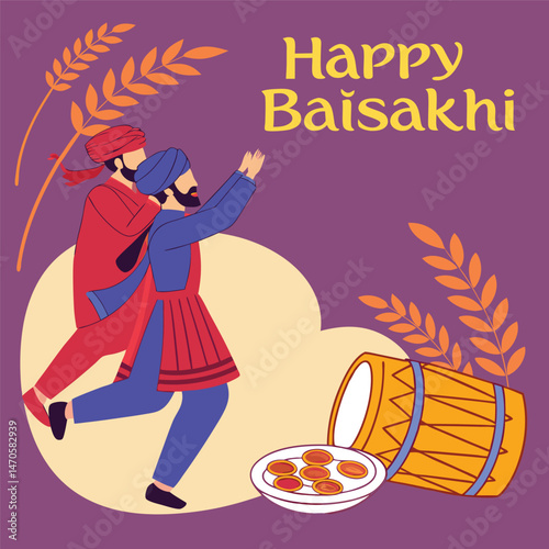 Vibrant Happy Baisakhi Illustration with Dancers, Drum, and Festival Treats.