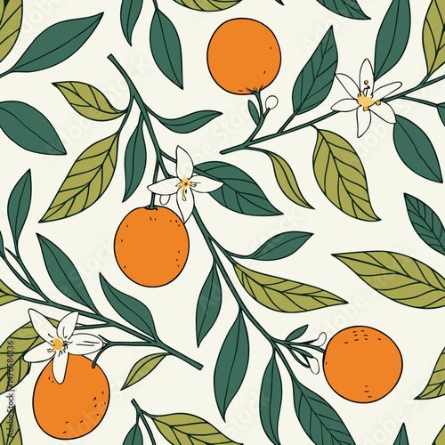 Orange blossom and fruit pattern, in vintage style, for textile design
