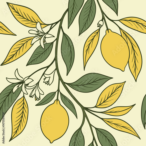 Lemon tree branches with flowers and fruits, in vintage style, yellow and green, for textile design