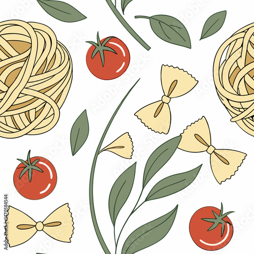 Pasta and Tomatoes Pattern in Minimalist Style,   seamless pattern