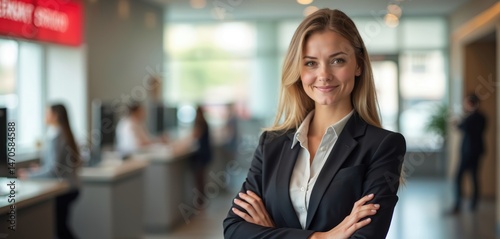 Portrait of smiling woman bank teller in modern office. Pro, confident in suit looks directly at camera, arms crossed. Finance, business, financial services.
