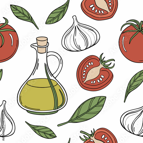 Olive oil, tomatoes, garlic, and basil seamless pattern, for food blogs and culinary websites