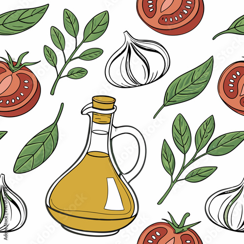 Colorful pattern with olive oil, tomatoes, garlic, and herbs,   seamless pattern  