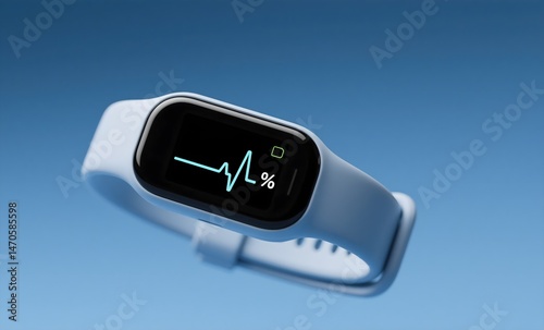 Modern White Fitness Tracker Displaying Oxygen Level Monitoring on Gradient Blue Background with Heart Rate Visualization