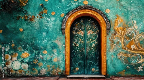 Ornate teal door on an aged turquoise wall with gold accents and floral patterns