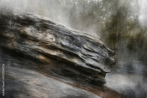 A large, textured rock formation dominates the foreground, set against a softly blurred forest backdrop.