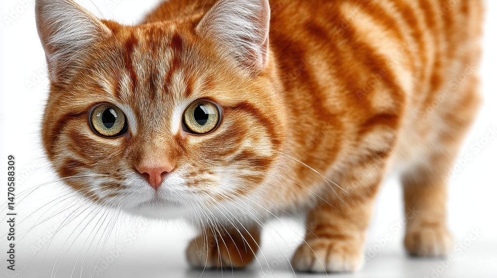 Fototapeta premium Orange tabby cat standing, curious and confident, isolated on white background