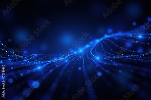 Flowing patterns of blue light dots and lines on a deep blue background, ideal for digital art, abstract design, and themes related to data flow and connectivity.