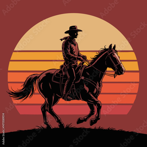Retro Cowboy Silhouette Riding Horse at Sunset – Bold Western Illustration with Vintage Colors and Circular Gradient Design

