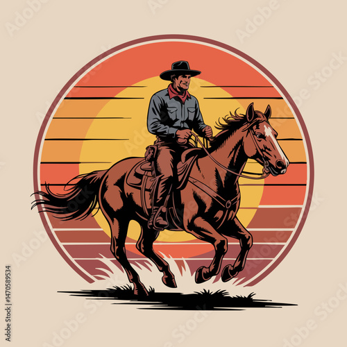 Retro Cowboy Silhouette Riding Horse at Sunset – Bold Western Illustration with Vintage Colors and Circular Gradient Design

