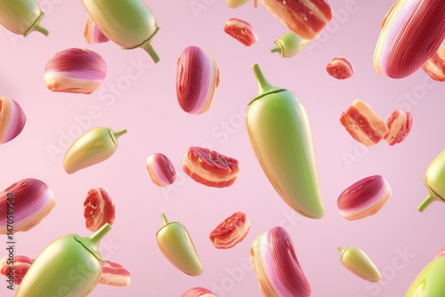 Wallpaper Mural Peppers with Bacon, and and Onion in Pink Sky. Torontodigital.ca