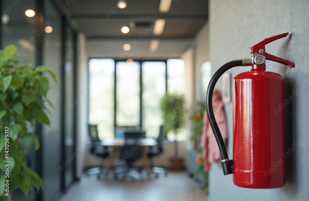 Red fire extinguisher mounted on office wall. Emergency equipment for fire safety, prevention, hazard control. Corporate interior, modern design. Protection, security, preparedness, response. Fire Red fire extinguisher mounted on office wall. Emergency equipment for fire safety, prevention, hazard control. Corporate interior, modern design. Protection, security, preparedness, response. Fire