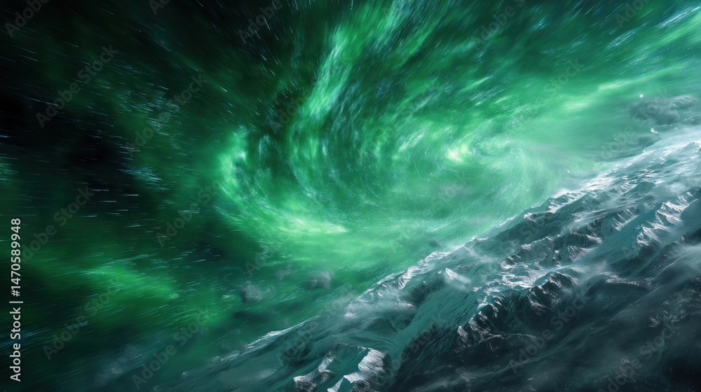 Fototapeta premium Dynamic green aurora lights swirl over snow covered mountain landscape
