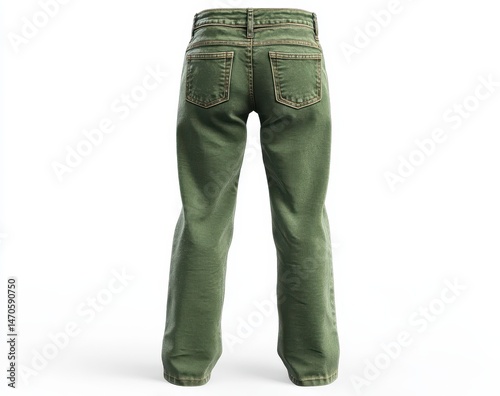 Olive green baggy jeans, back view.  Detailed denim, pockets, and stitching visible