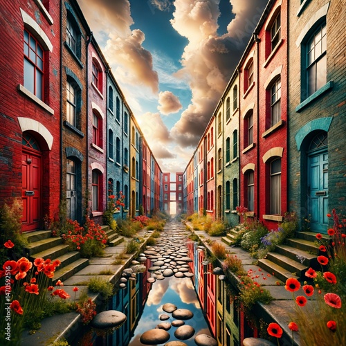 A row of colorful houses lines a narrow cobblestone street, with red poppies and lush greenery adorning the pathway. The dramatic sky with fluffy clouds is beautifully reflected in a water channel, Ge