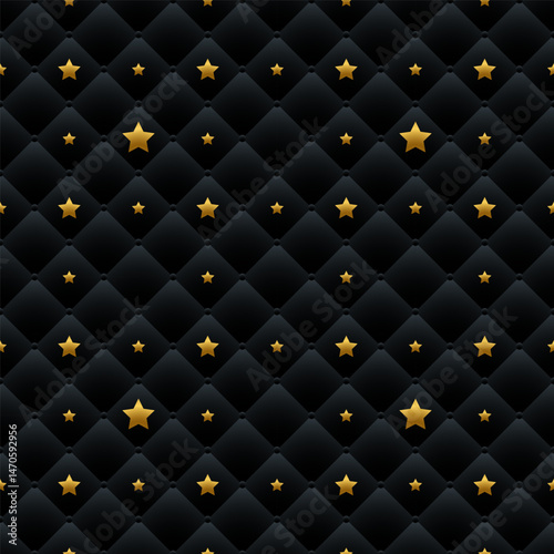 Black fabric with a quilted texture features gold stars scattered throughout, ideal for backgrounds, textiles, or festive decorations. A blend of elegance and modern style enhances various projects