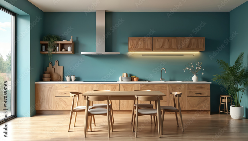 Fototapeta premium Modern kitchen interior design with wooden cabinets. Turquoise wall, wooden dining table chairs, plants. Contemporary apartment living room. Wooden floor with daylight from window.