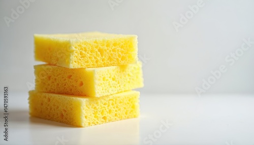 Yellow dishwashing sponges stacked on white surface against white background. Cleaning supplies, home cleaning tools, household chores, wash dishes. Kitchen items.