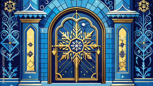 Ornate Blue Door with Gold Snowflake Detail
