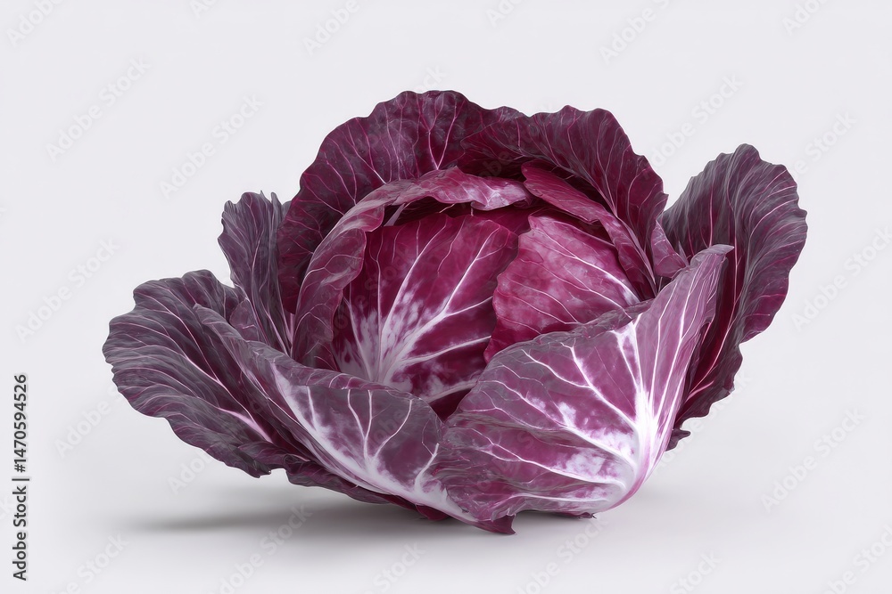 Obraz premium Vibrant Radicchio: A rich purple head of radicchio, with its tightly packed, ruffled leaves, sits against a clean white backdrop.