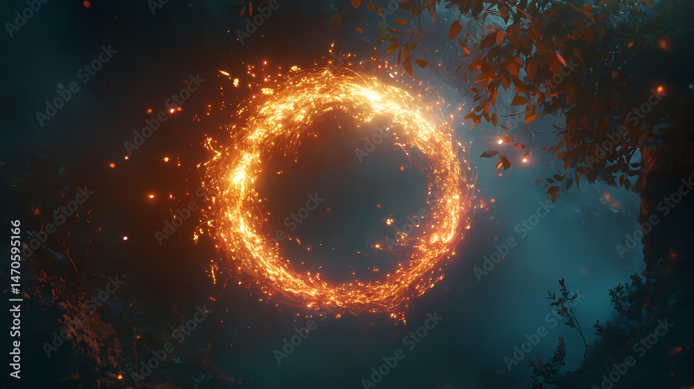 Fototapeta premium Glowing ring of light with sparking ethereal tendrils. [Lunar Botanica] | Saturn Vine | ringed tendril. Illustration