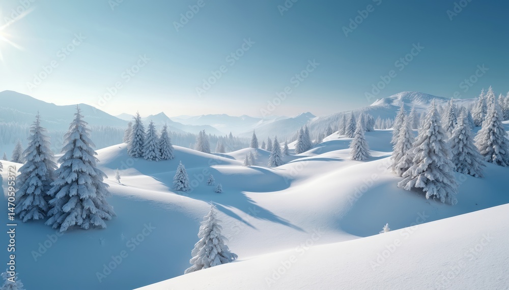 Fototapeta premium Expansive view of symmetrical snow-covered hills. Clusters of trees dot white landscape, creating serene winter scene. Cold season landscape with snowy hills, trees under sunlight. Perfect for winter