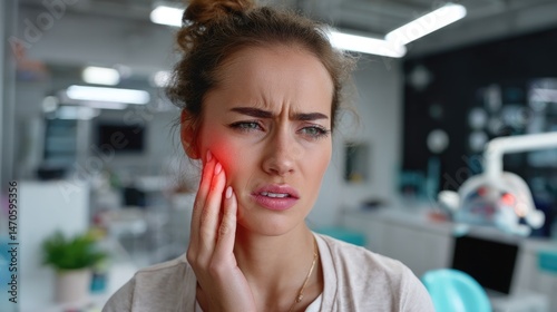 Tooth pain: woman face, sore jaw, red spot, aching mouth, cheek pressure, dental issue, painful look, oral tension, close view, visible suffering.