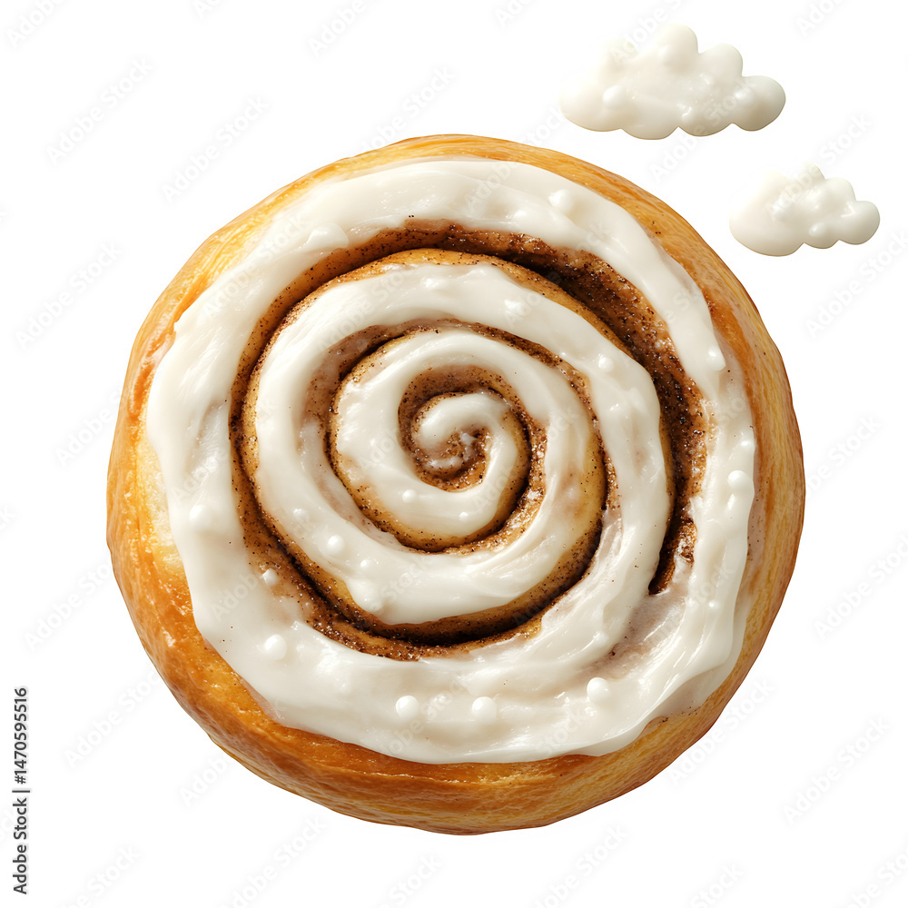 Fototapeta premium Cinnamon roll resembling a snail shell, frosting trail shaped like whimsical clouds, completely isolated.