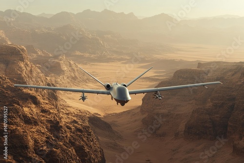 A military drone flies over a desert landscape, showcasing its surveillance and potential strike capabilities.