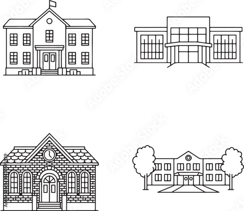 School building Outline set vector illustration isolated On Transparent Background