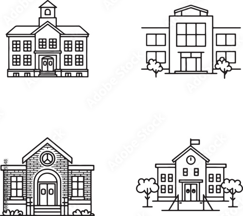 School building Outline set vector illustration isolated On Transparent Background