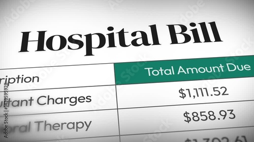 Hospital bill showing close up 4k animation with numbers breakdown. Medical, health insurance, claim, medical bill, doctor, macro