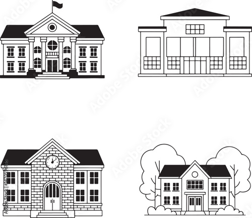 School building silhouette set vector illustration isolated On Transparent Background