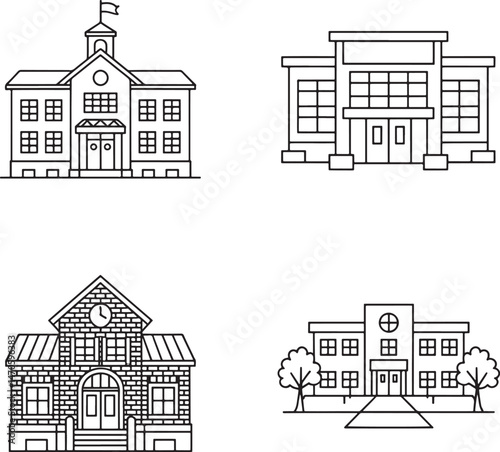 School building Outline set vector illustration isolated On Transparent Background