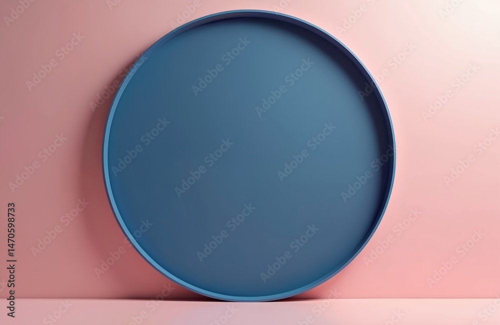 Fototapeta premium Blue circle frame on soft pink wall. Illustration represents blank space for object placement. Minimalist art design, stylish modern wall decor element. Ideal for brand promotion.