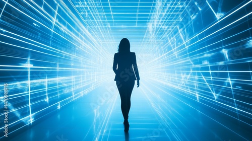 Silhouette of woman walking through futuristic blue digital corridor grid data glow path lines cyber