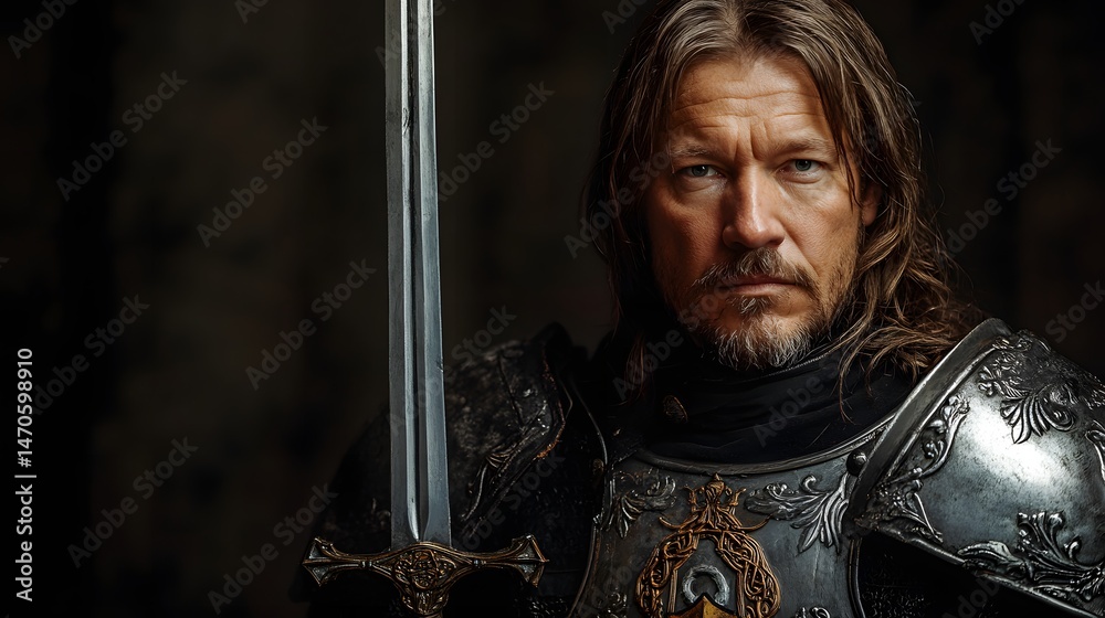 Obraz premium Man dressed as a medieval knight with armor and a sword