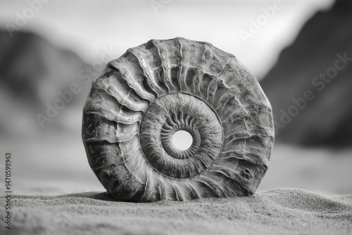 A grayscale image of an ammonite fossil, a spiral shell resting on sand against a blurred background. photo