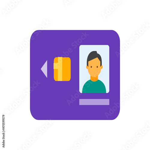 Illustration of a purple card with an arrow, square, and person's photo identification card image