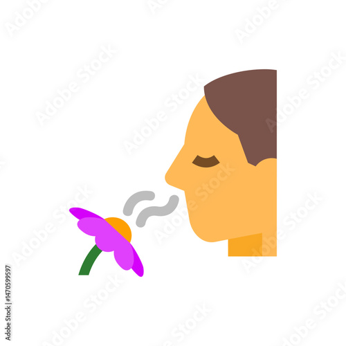 Illustration of a person smelling a flower with purple petals and a yellow center on a white background