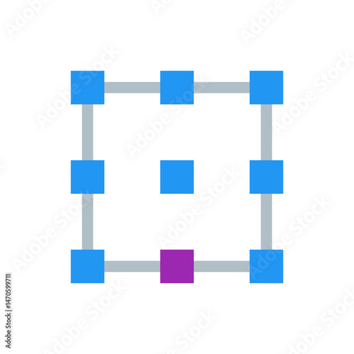 Grid of blue squares connected by gray lines with one purple square at the bottom center position