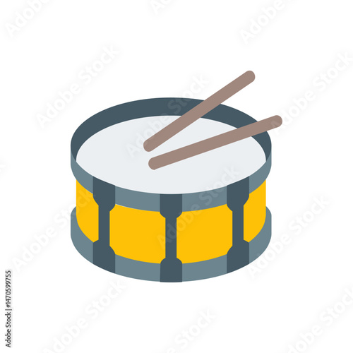 Illustration of a yellow and gray snare drum with two brown drumsticks resting on the white drumhead