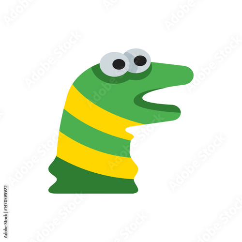 Illustration of a green and yellow striped sock puppet with googly eyes and an open mouth on a white background